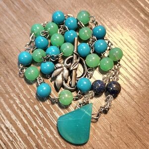 Handmade Green and Blue Pendant Necklace with Crystal Beads and Floral Toggle